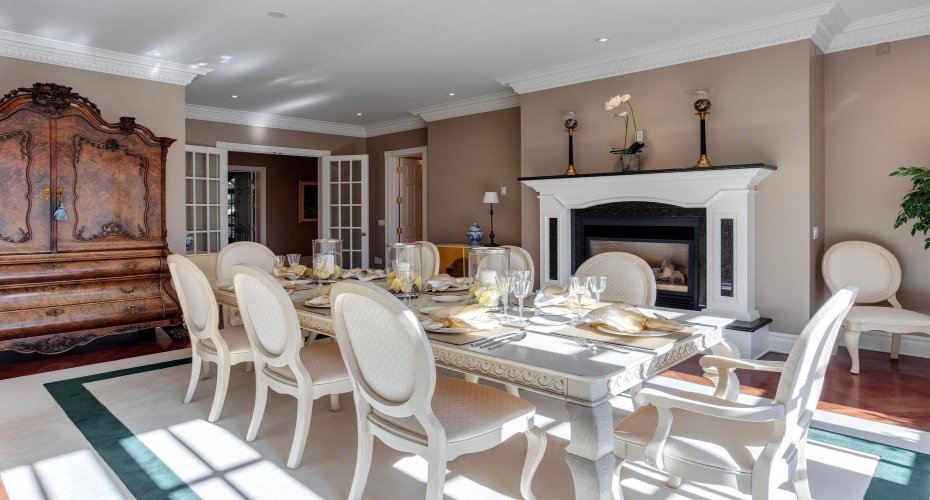 Dining room with glowing hearth