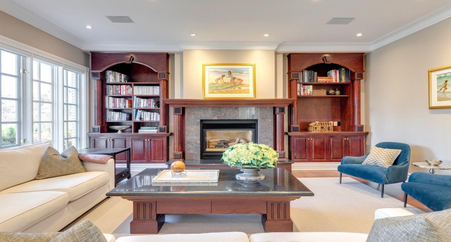 Welcoming family room with several seating areas