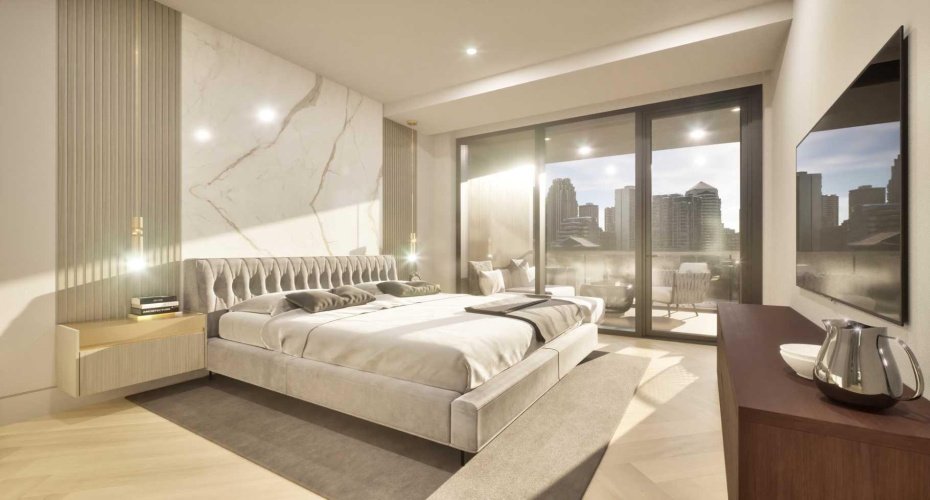 Rendering - Custom millwork primary bedroom with terrace access