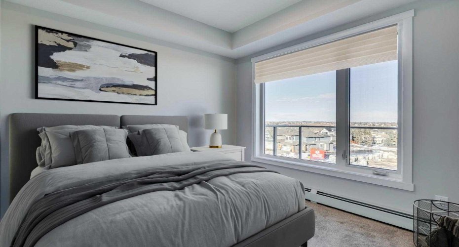 Bright primary bedroom with tray ceiling