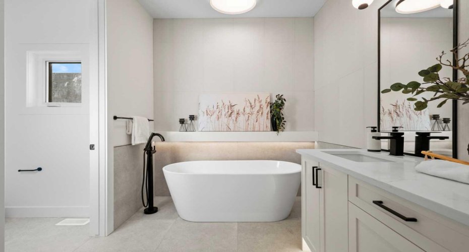 dual vanities with LED under lit details