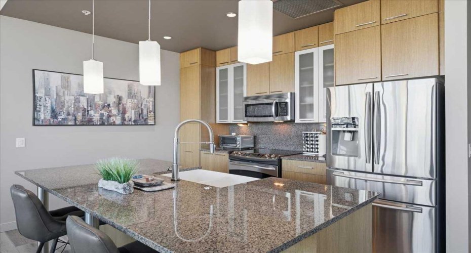 kitchen with new sink, granite counters