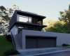 The Lower Elevation highlights the massive utility of this hillside lot. Building directly into the slope allows for a rare triple-car garage that measures over 25 feet wide. It is the perfect inner-city solution for storage and parking without compromising the home's modern profile.