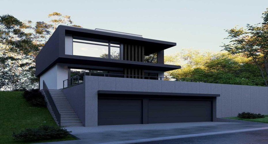 The Lower Elevation highlights the massive utility of this hillside lot. Building directly into the slope allows for a rare triple-car garage that measures over 25 feet wide. It is the perfect inner-city solution for storage and parking without compromising the home's modern profile.