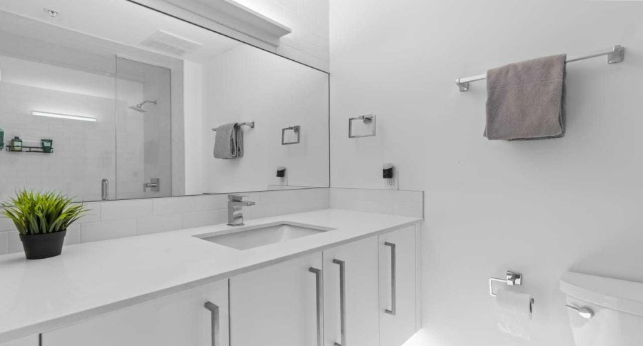 Main Bath with undercabinet lighting and quartz counters
