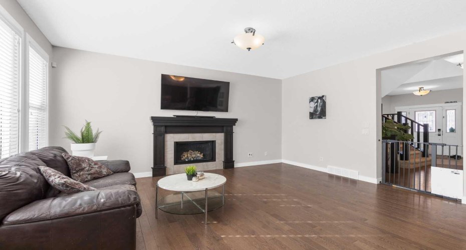 Open living room with cozy fireplace