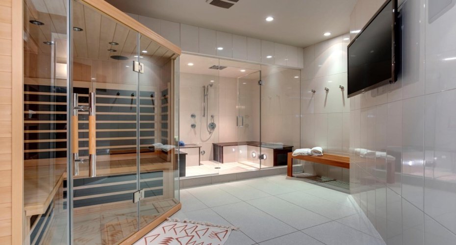 Lower level bath includes steam shower and infrared sauna, a true retreat.