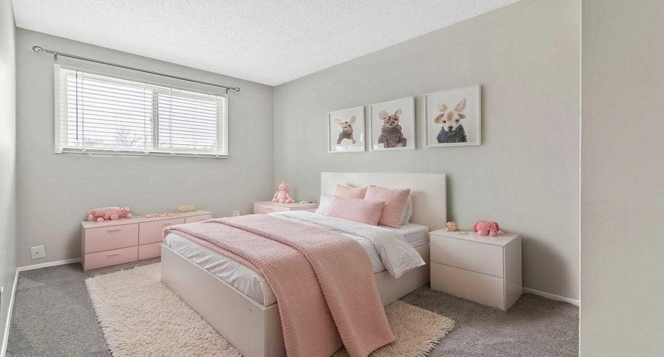 Virtually staged comfortable secondary bedroom ideal for kids, guests, or a home office.