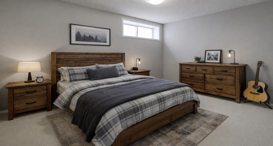 Basement bedroom, virtually staged