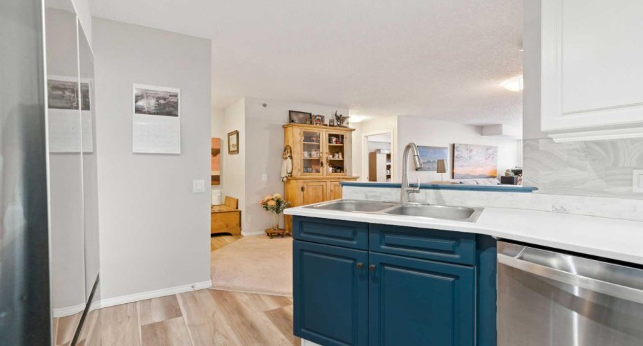 Vinyl flooring, Stainless Steel Fridge & side Pantry Unit.