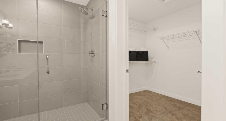 Walk-in tiled shower with 10mm glass and walk-in closet.