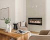 Central electric fireplace with tile surround.