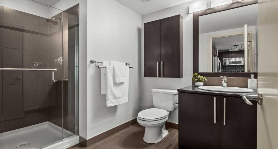 The 2nd bathroom features a glass-enclosed shower with full tile surround, dark espresso cabinetry, granite countertop, and a tall storage cabinet. Everything is well finished and consistent with the quality found throughout the suite.