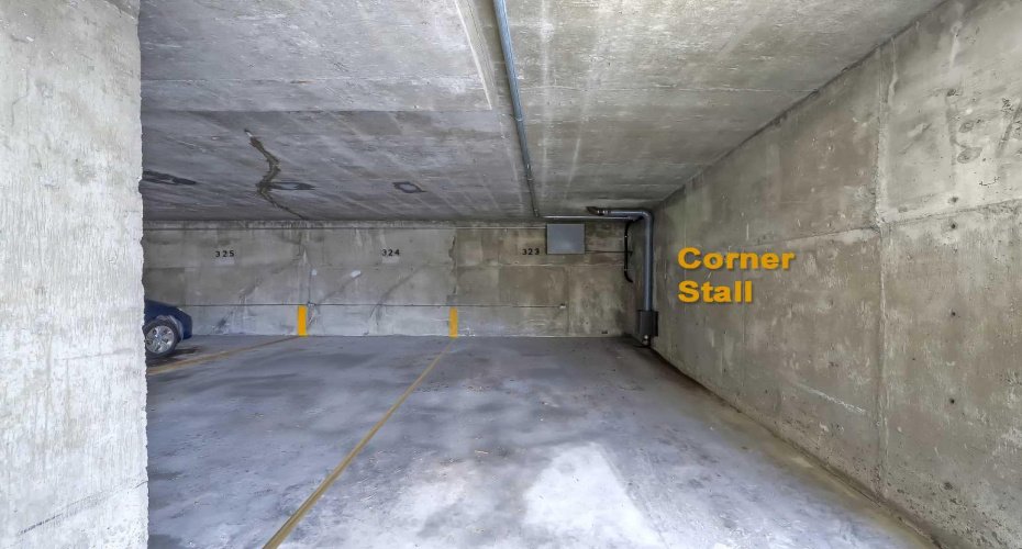 Covered corner parking stall. (parking lines virtually added to show a better understanding of parking stall space)