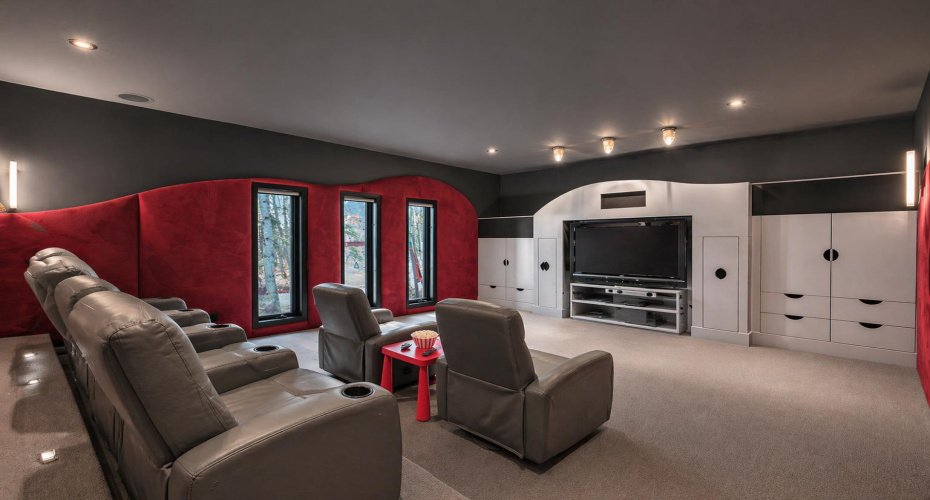 Main floor theatre room. This image has been digitally staged/altered.