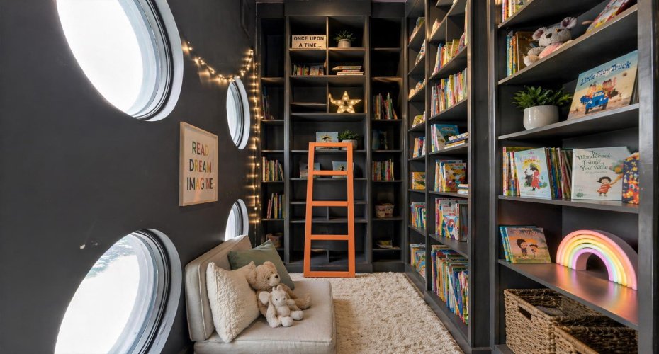 Upper level library/reading nook. This image has been digitally staged/altered.