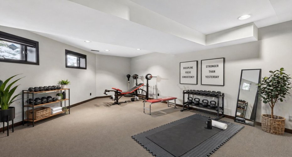 Lower level gym area. This image has been digitally staged/altered.