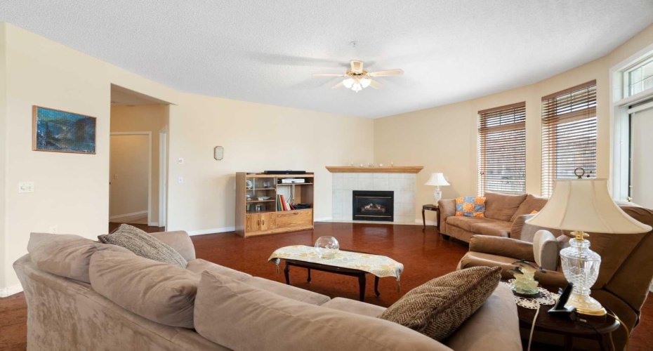 Spacious living room, 9' ceilings, cork flooring, ceiling fan.