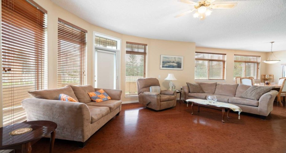 Open living area, faux wood wide slat venetian blinds.
