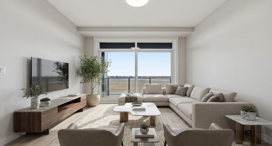 Virtually staged living room showcasing bright open-concept layout, modern finishes, and balcony access.