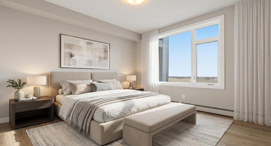 Virtually staged primary bedroom featuring a spacious layout, large window, and ample natural light.