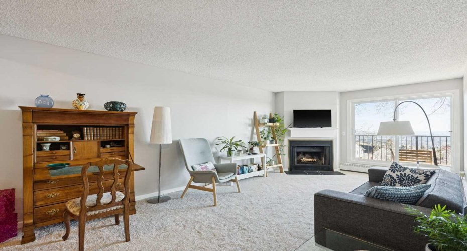 Living room with cozy fireplace and views.
