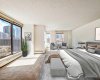 Wake up to sunlight & step onto your private balcony, virtually staged to showcase the inviting primary bedroom.