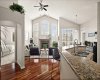 Open concept main living space with vaulted ceilings and warm brazilian cherry hardwood floors throughout main level of home.