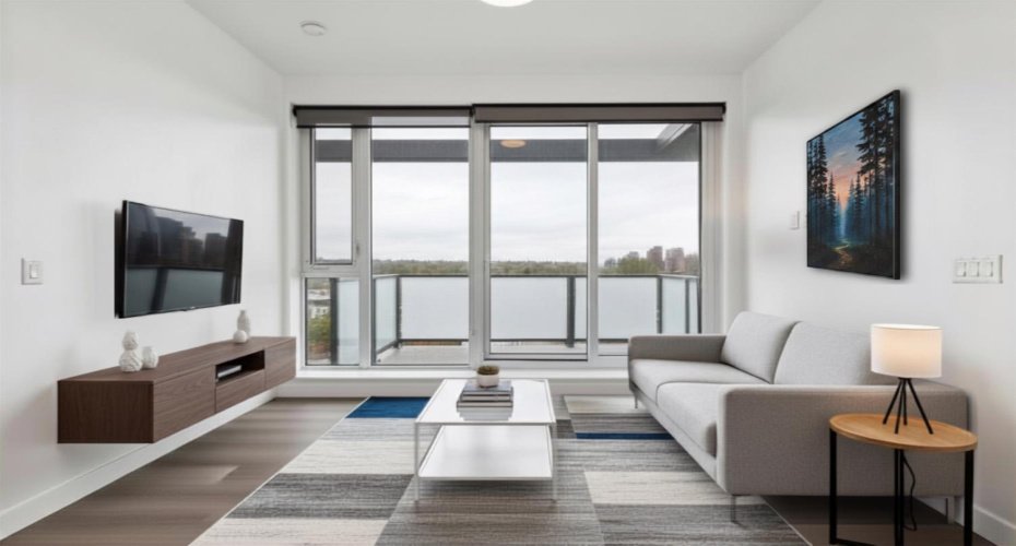 Living room with access to the top-floor balcony