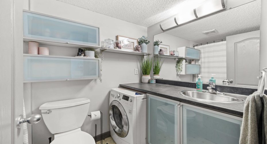 Updated bathroom complete with modern finishes, vanity storage, and in-suite laundry.