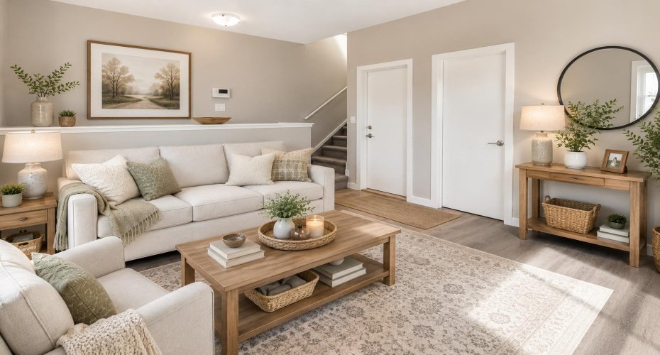 Den off entrance: virtually staged