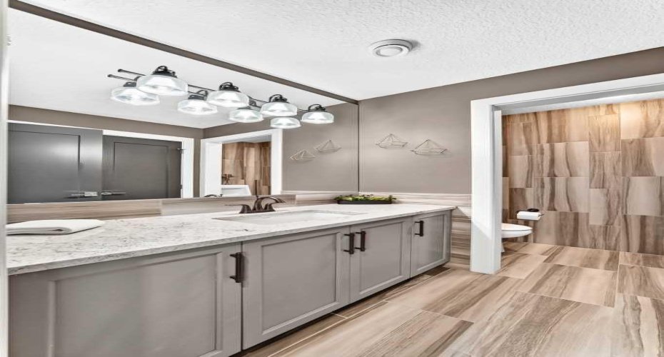 Stylish Basement Bath With Wood-Look Tile