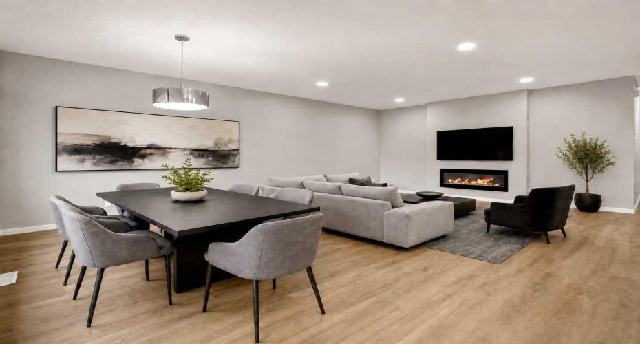 Living room with electric fireplace and dining area - home under construction, images are virtually staged of another build for illustration purposes.