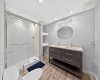 Huge full bath in the basement with Caesarstone countertop