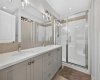 Double sinks with large quartz countertop