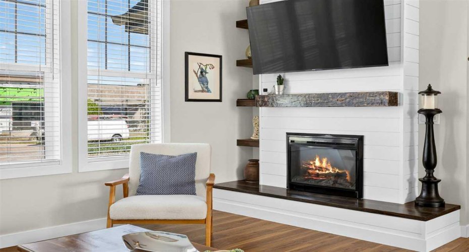 Custom fireplace surround with built-in shelving
