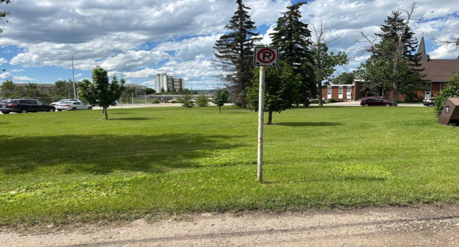 View of the green space from the back alley