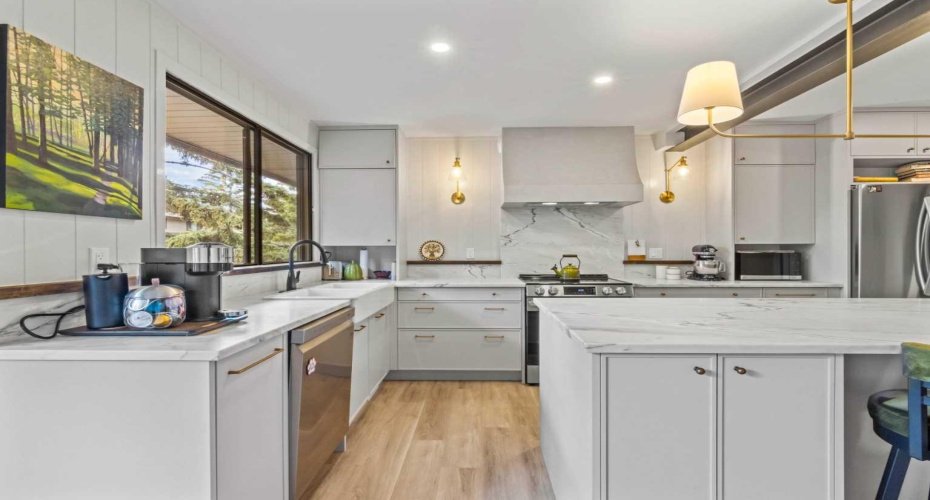 A view of the kitchen from the dining space.