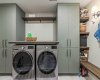The lower level of this home is where the laundry room is located. There is a lot of storage in this townhome. Note the folding counter over the laundry machines.