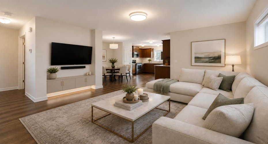 The OPEN-CONCEPT main floor creates a warm and inviting space where the living room, dining area, and kitchen flow seamlessly together—perfect for everyday living and hosting family and friends. This photo has been virtually staged to show possibilities of the space ( wall paper behind TV removed, shelving below Tv added, rug, coach and coffee table added as well as feature lighting and decorations)