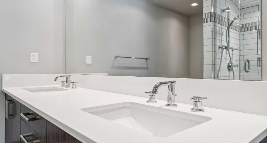 Quartz counters with double sinks.