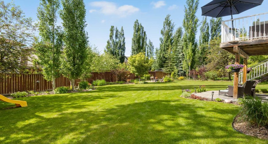 Here's the pie-shaped lot doing what it does best — a sweeping lawn that has hosted more than a few slip-and-slides, yard games, and BBQs worth remembering.