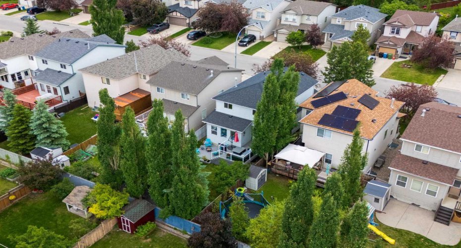 A bird's-eye view of a mature, well-kept community — winding streets, generous lots, and greenery in every direction. The kind of established neighbourhood families put down roots in.