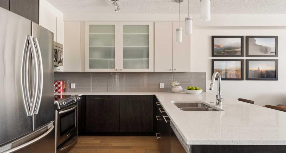 Beautiful kitchen w/ SS appliances, quartz countertops, two-tone cabinetry