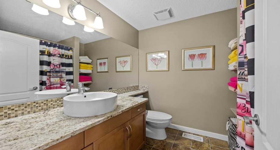 The lower level bathroom is bright and fun, finished with a stylish vanity and playful decor touches throughout. The lower level bathroom is bright and fun, finished with a stylish vanity and playful decor touches throughout.