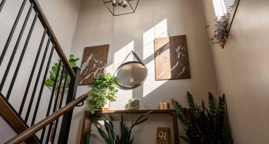 Sunlight and greenery create a warm, organic feel throughout the living spaces.