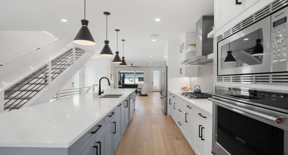 High end appliances and two toned cabinetry impress