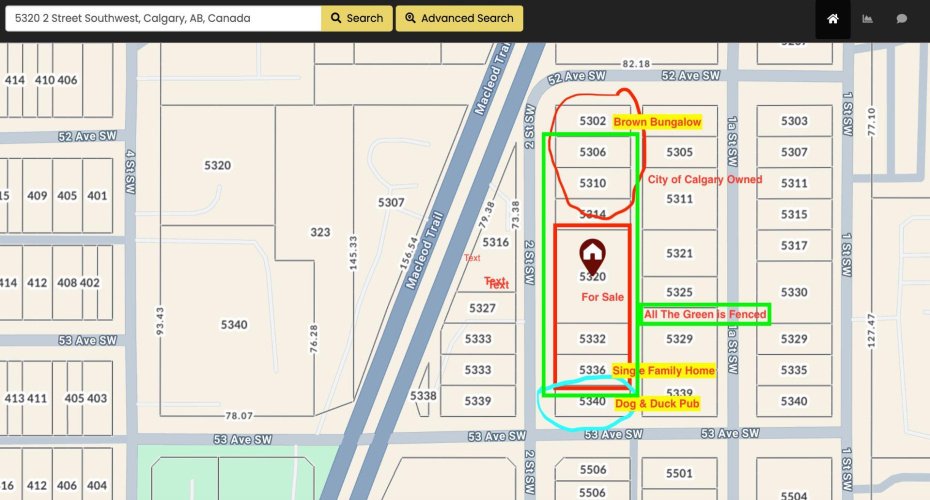 This property is part of a potential land assembly.  5332 is vacant and is part of the fenced parcel. $600K 5336 is $600K and has a well kept bungalow on it. $600K (The map shows it with green line around it. That is an error. It is not fenced.) 5320 has been listed for $2,295,000